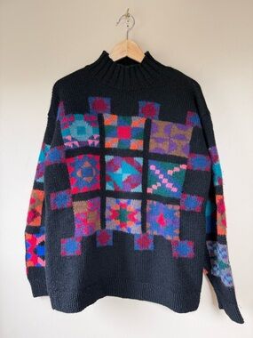Vintage LLBean Patchwork Quilt Knit Wool Sweater Grandmacore Women's - Medium